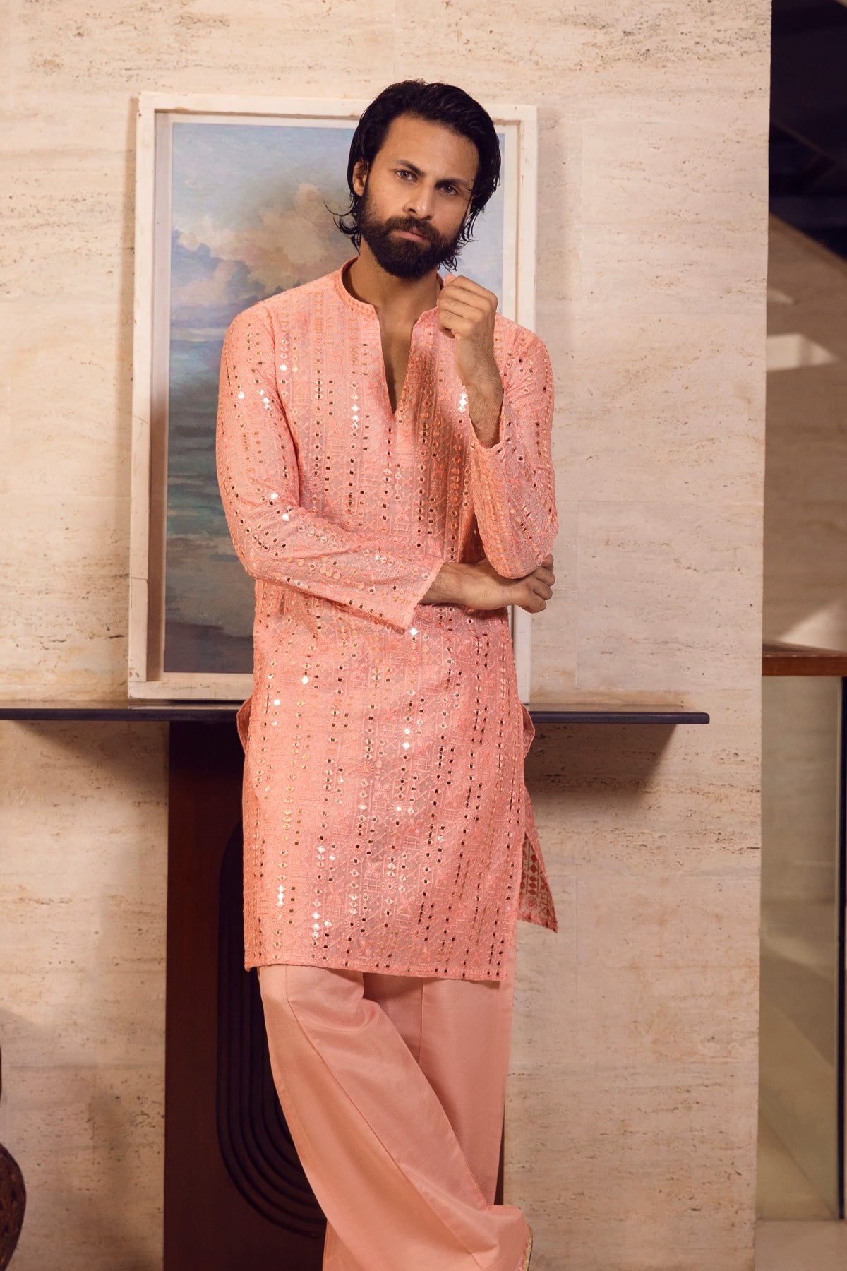 Peach Mirror Work & Sequin Kurta Set