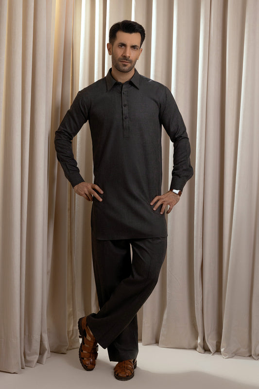 Men’s Midnight Charcoal Short Kurta & Wide-Leg Pajama