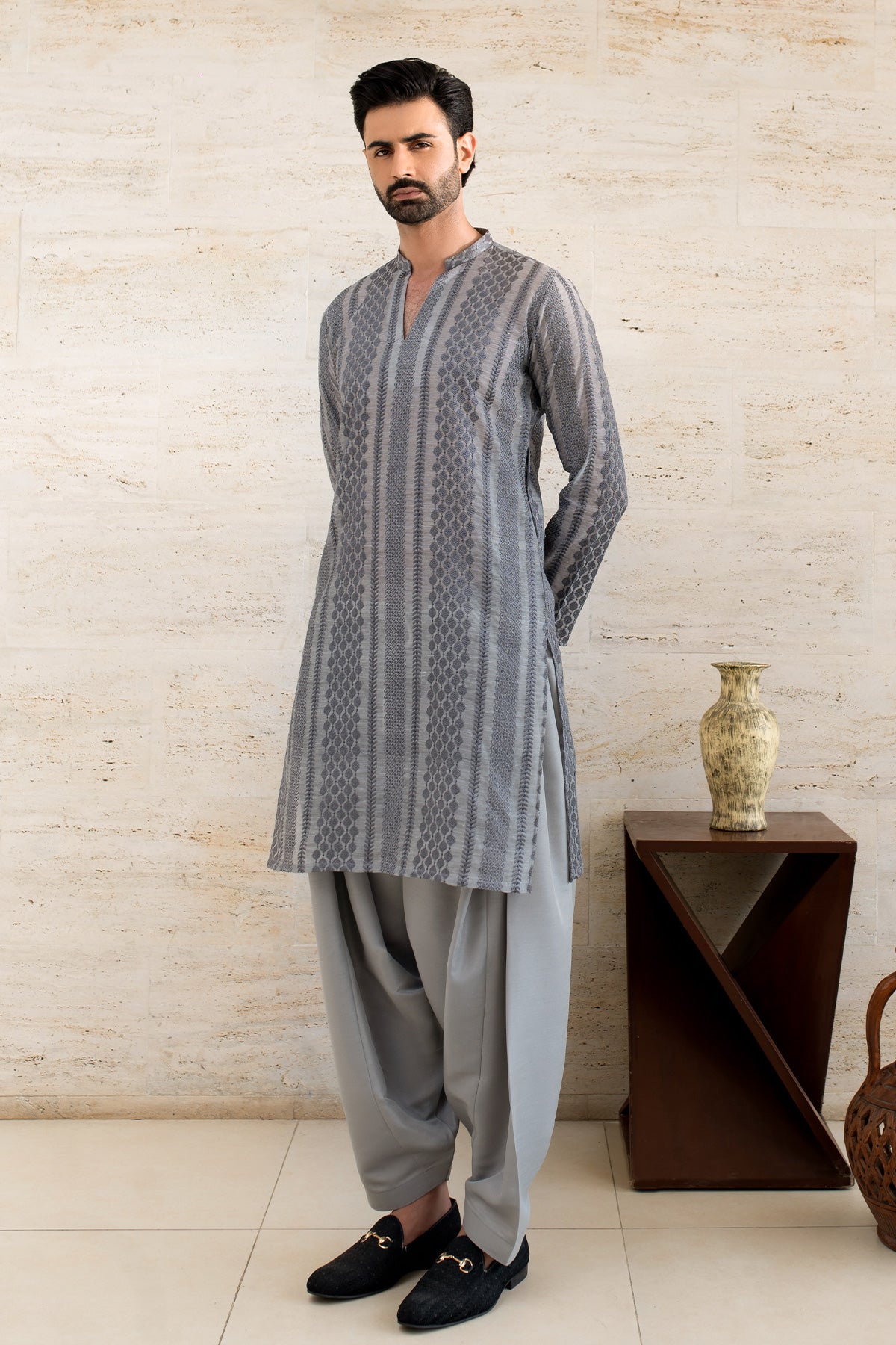 Textured Charcoal V-Neck Kurta Set