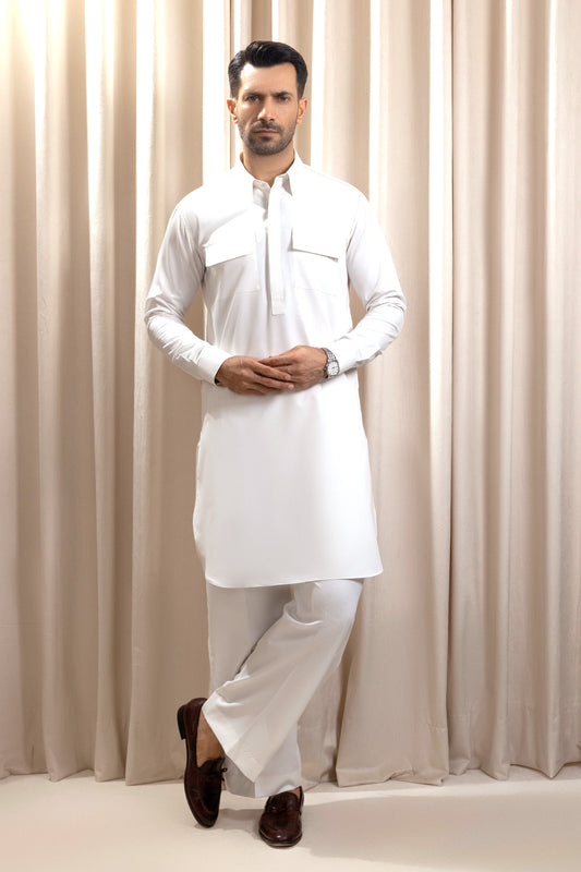 Men’s White Kurta Pajama – Modern Cut with Chest Pockets