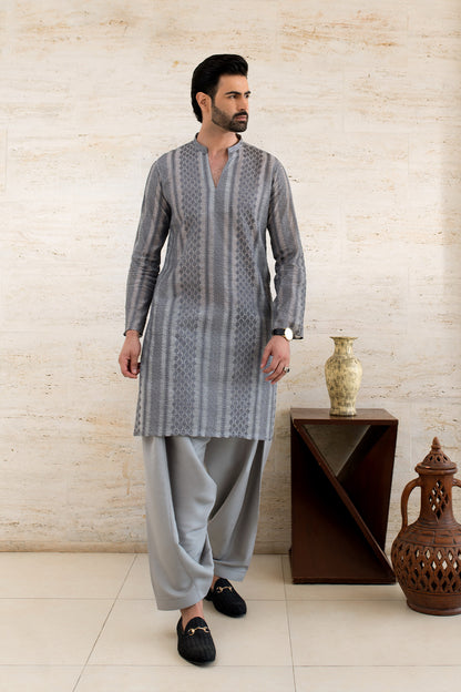 Textured Charcoal V-Neck Kurta Set