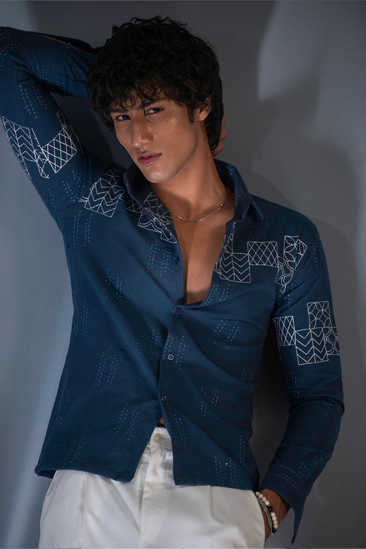 Indigo Stitch Embroidered  ( Denim-Look Shirt )