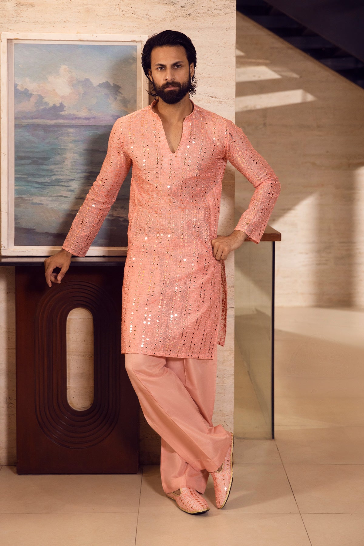 Peach Mirror Work & Sequin Kurta Set