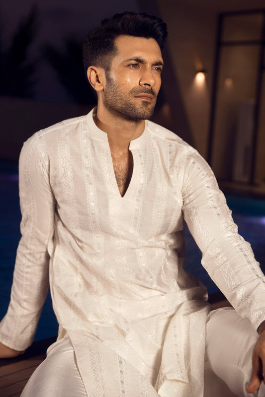 Ivory Textured V-Neck Kurta Pajama
