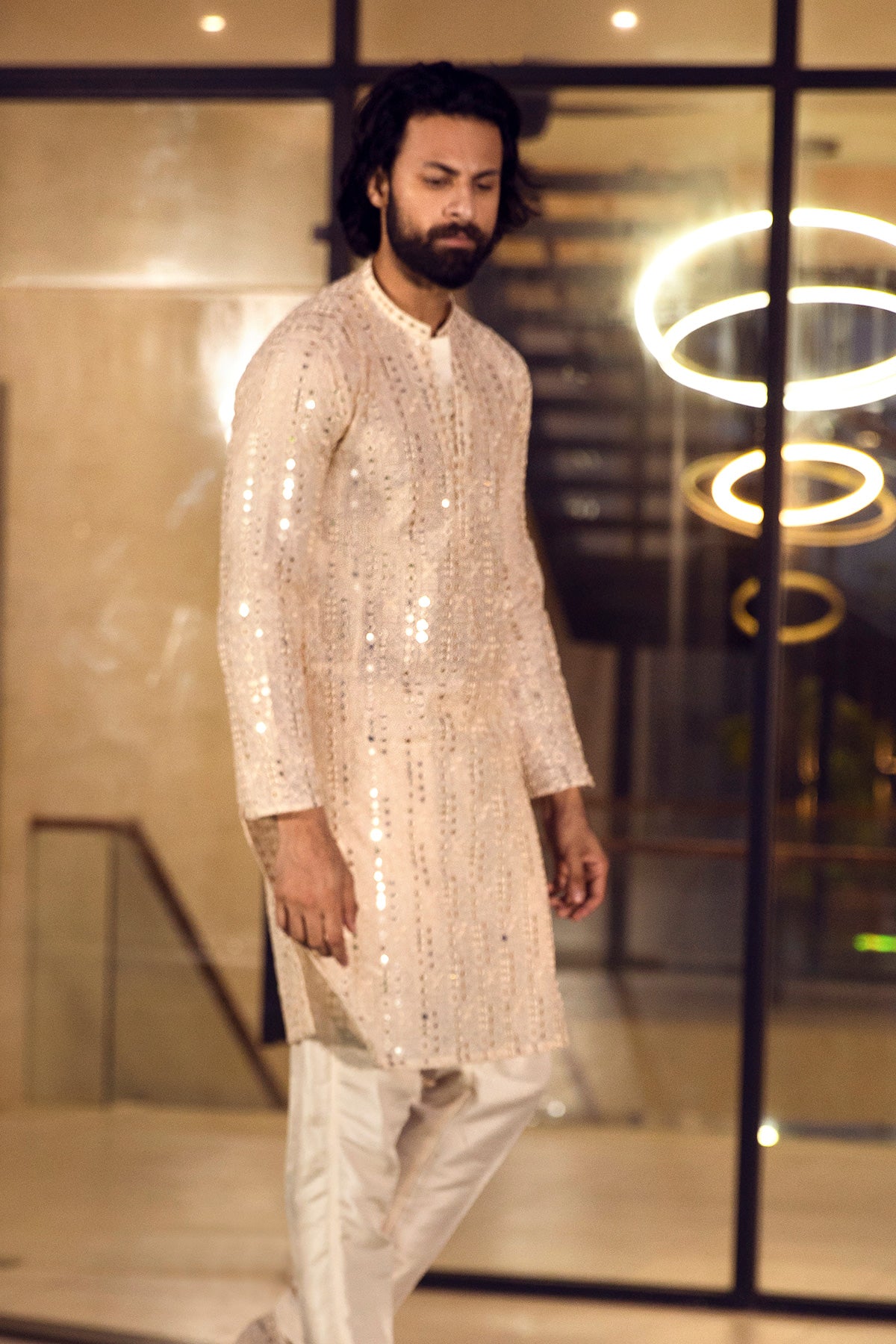 Cream Gilded Mirror Work Kurta Pajama