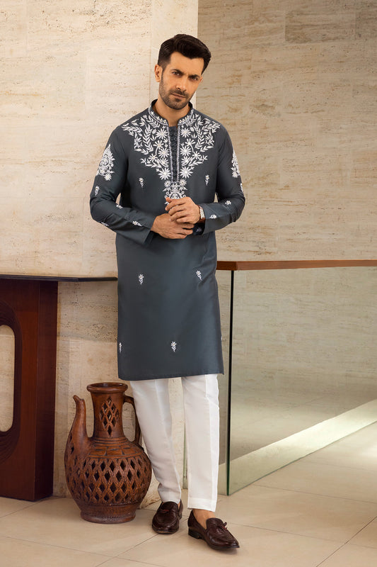 Slate Floral Embroidered Kurta Pajama