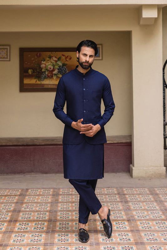 Navy Blue Waistcoat with Kurta Pajama